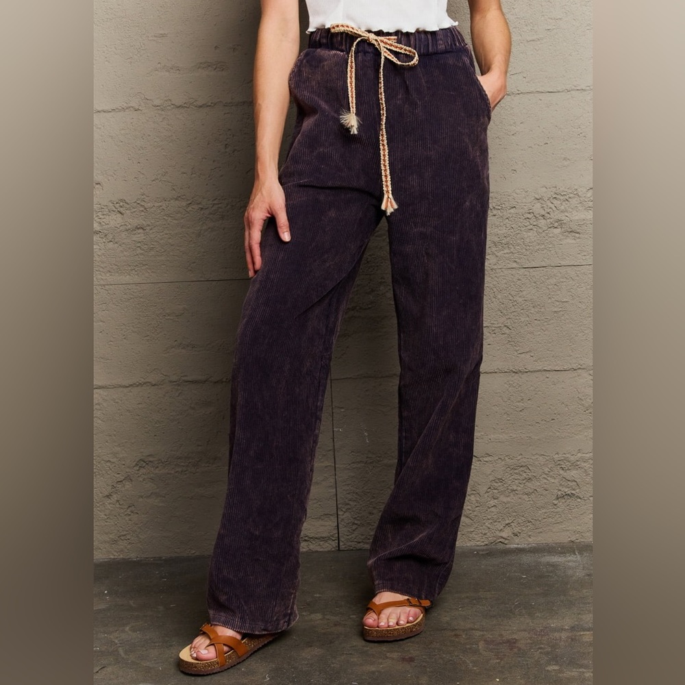 SALE POL Leap Of Faith High Waisted Corduroy Straight Leg Pants in Midnight Navy - Picture 1 of 5
